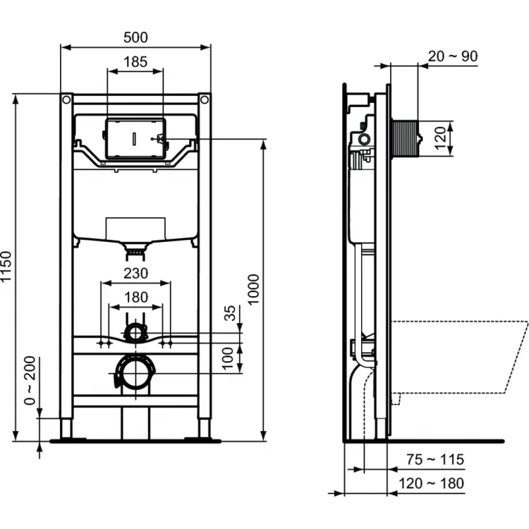 Iebūvējamais rāmis tualetes podam Ideal Standard WC ar melnu pogu,R020467/0115A6